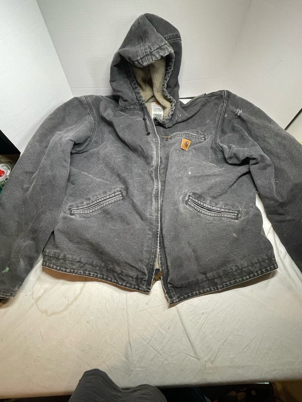 Carhartt J141 BLK Sherpa Lined Sierra Jacket Faded Distressed XL Signs Of Wear